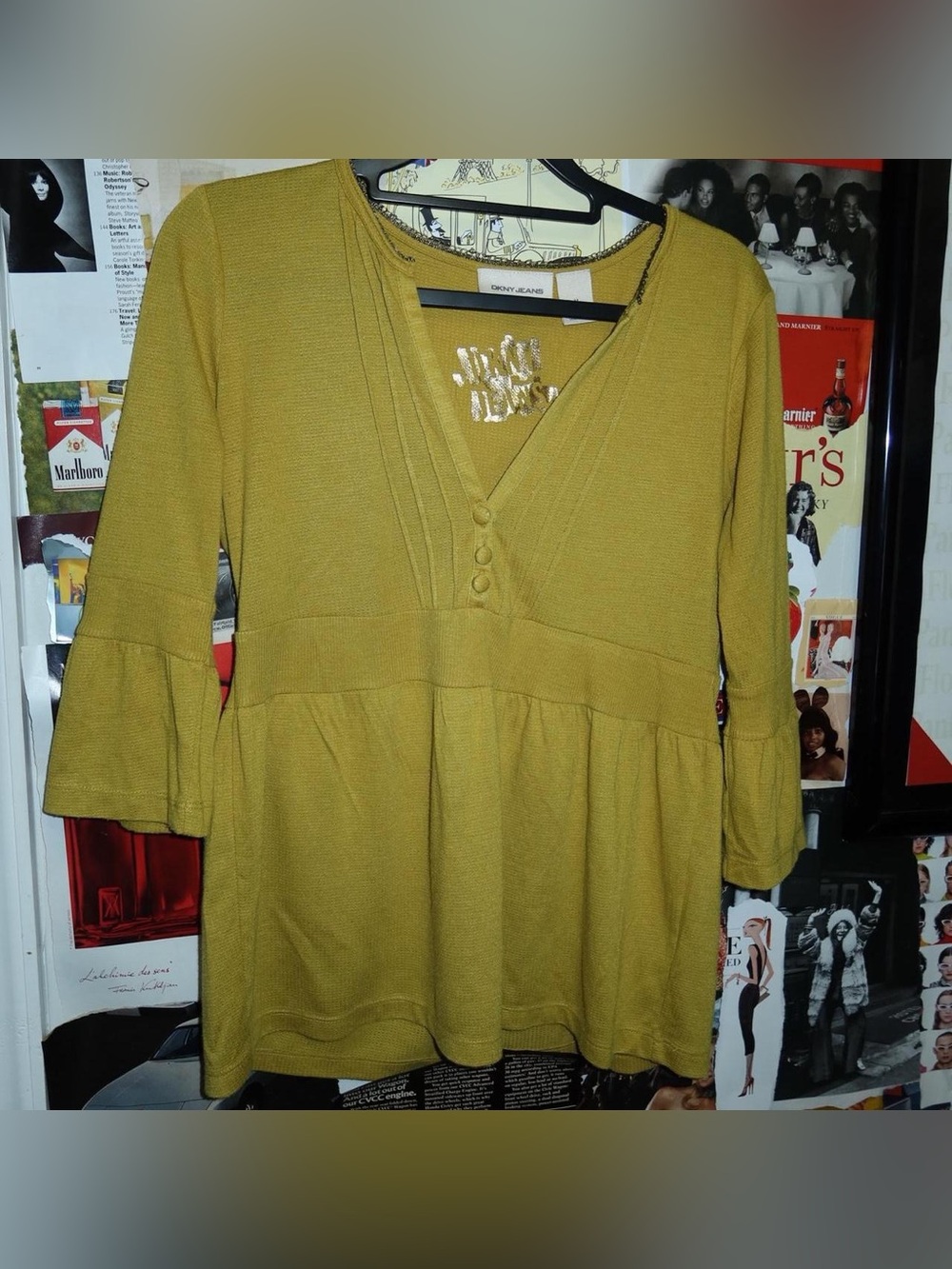 DKNY mustard yellow top with flowy sleeves Y2K